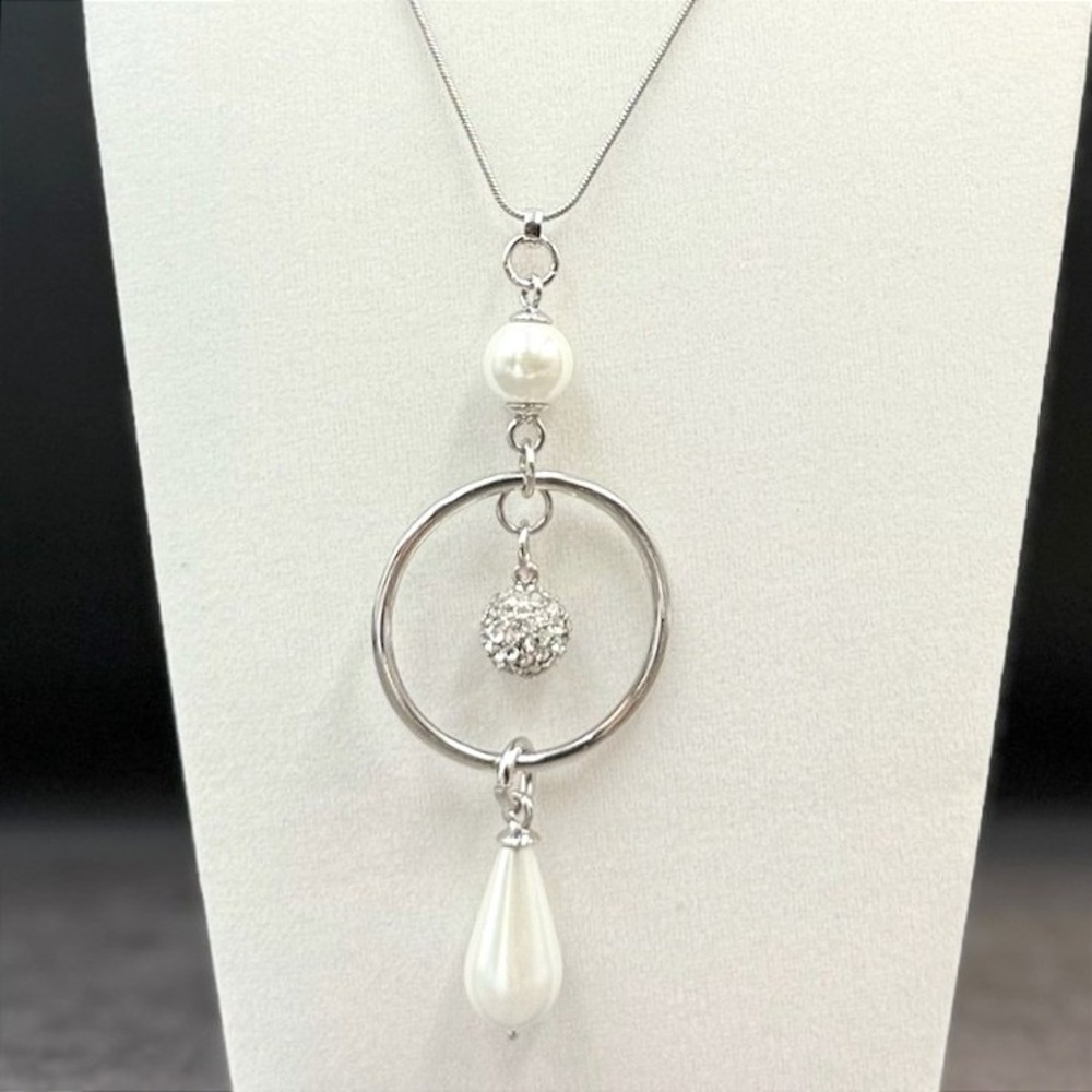 Vintage Silver Tone Necklace Open Ring Pendent Faux Pearls Rhinestone Snake Boho